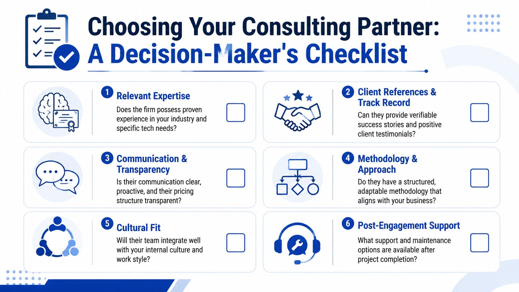 A six-point checklist for choosing a business IT consulting partner, presented in an infographic format.