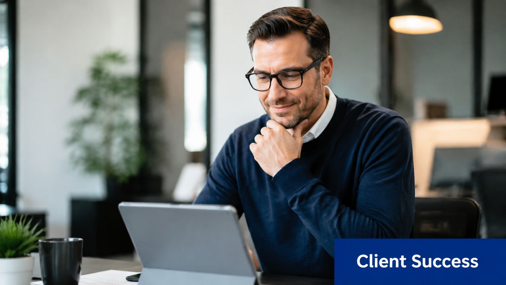 A professional man with glasses smiling while reviewing information on a tablet in a modern office environment.