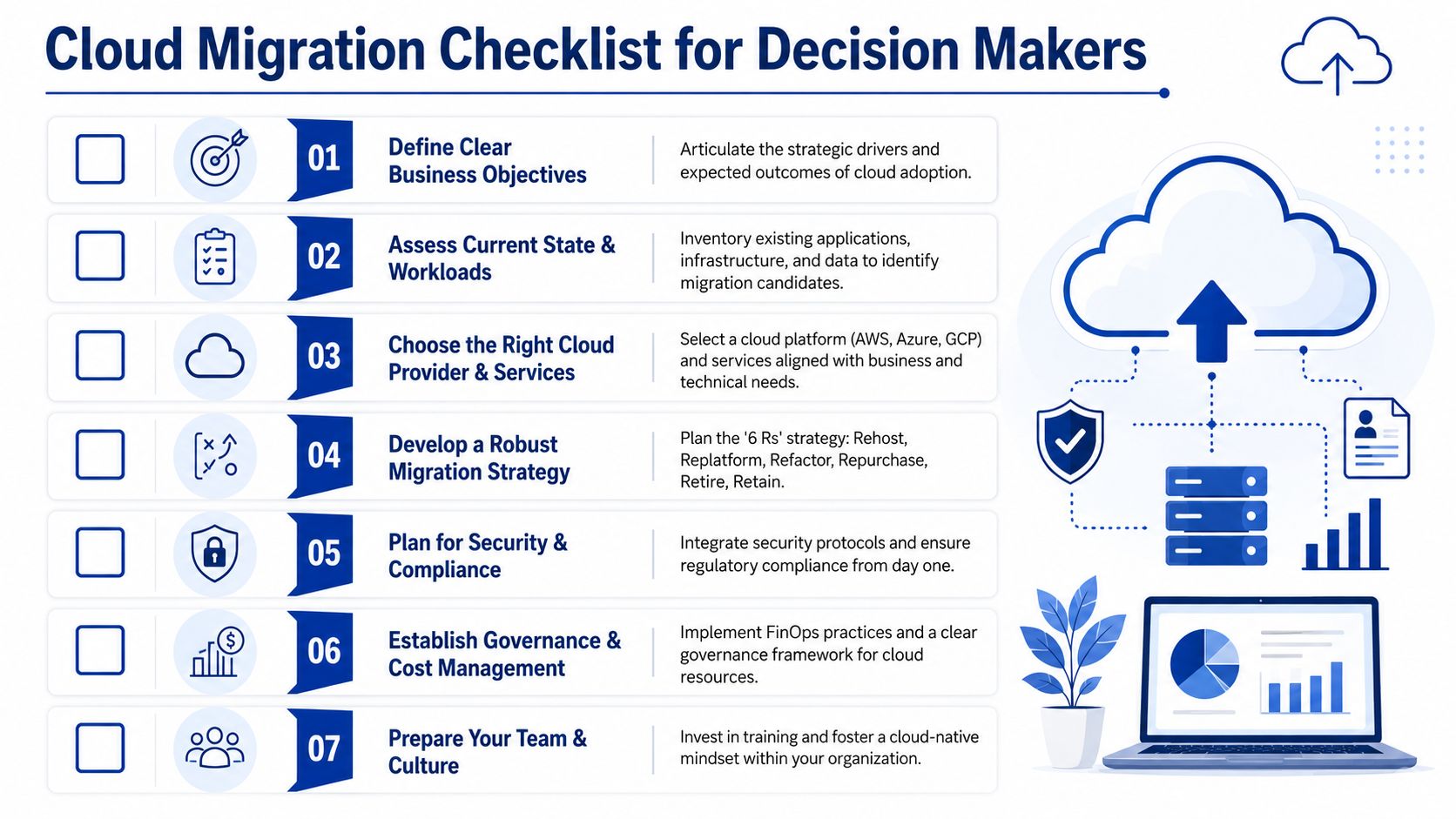 A 7-step cloud migration checklist for business decision makers illustrating key strategic planning and deployment phases.