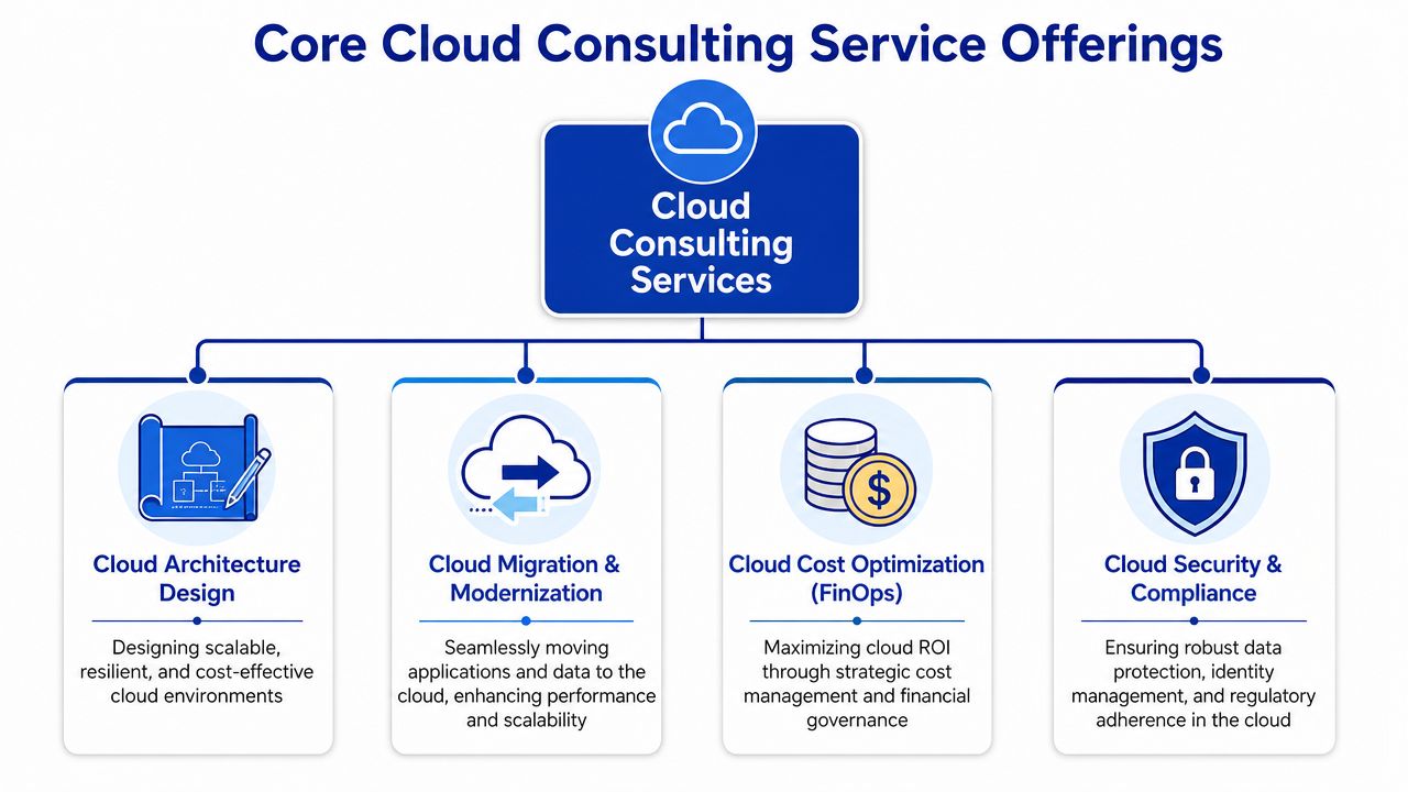 A diagram illustrating four key cloud computing consulting service offerings including design, migration, cost optimization, and security.