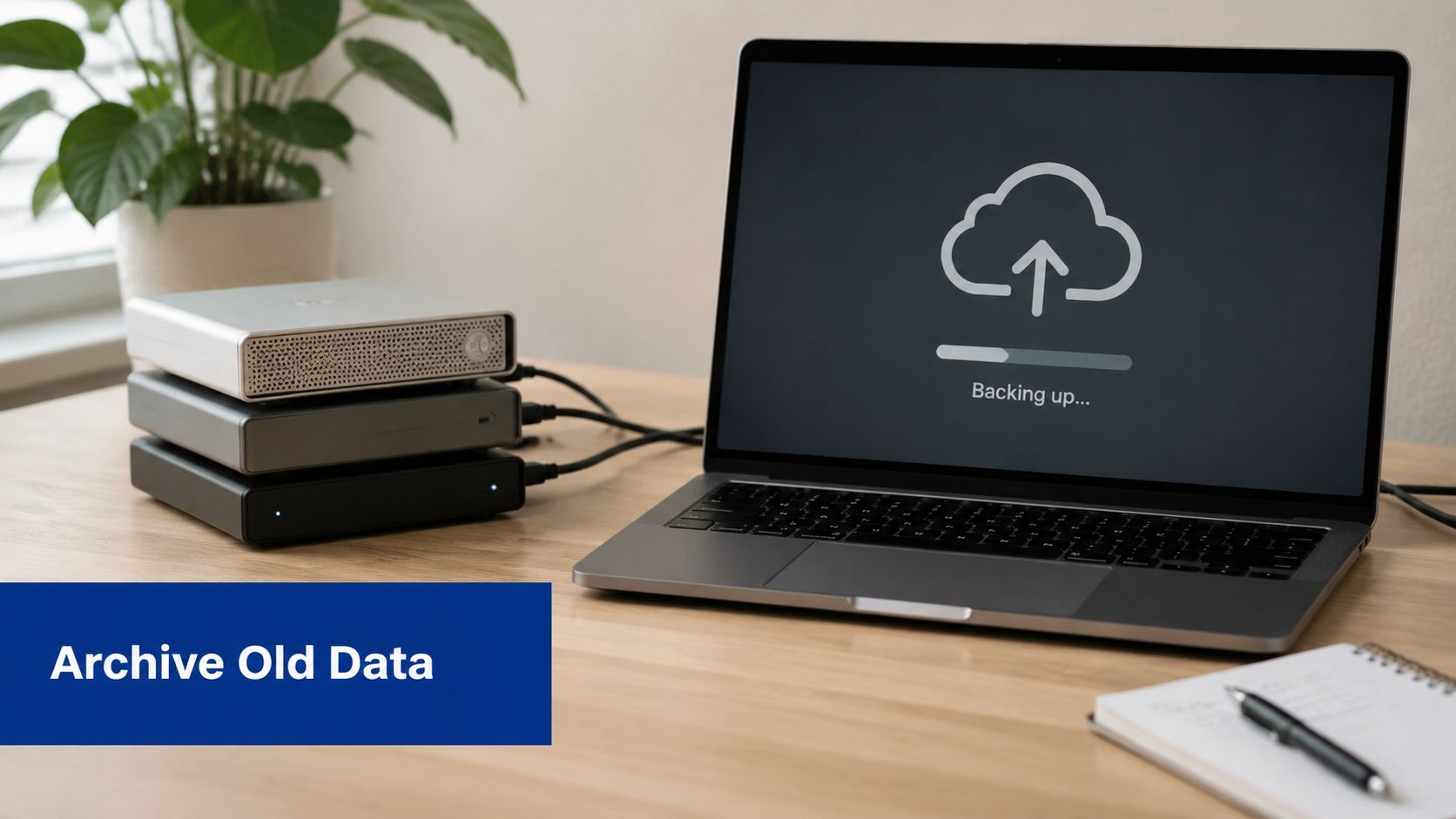 A laptop connected to several external hard drives with a cloud backup progress bar on screen.