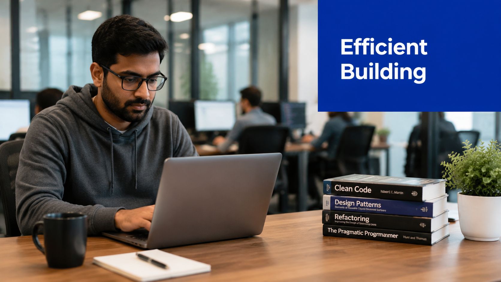 A focused developer working on a laptop with technical books in an office workspace environment.