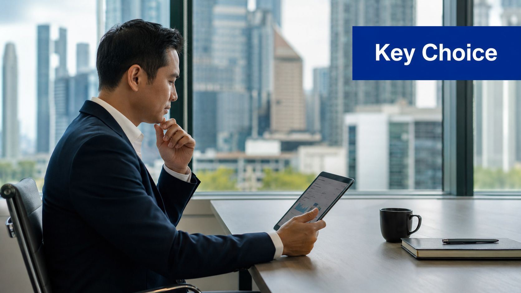 A professional man in a suit reviews financial charts on a tablet in a modern office.