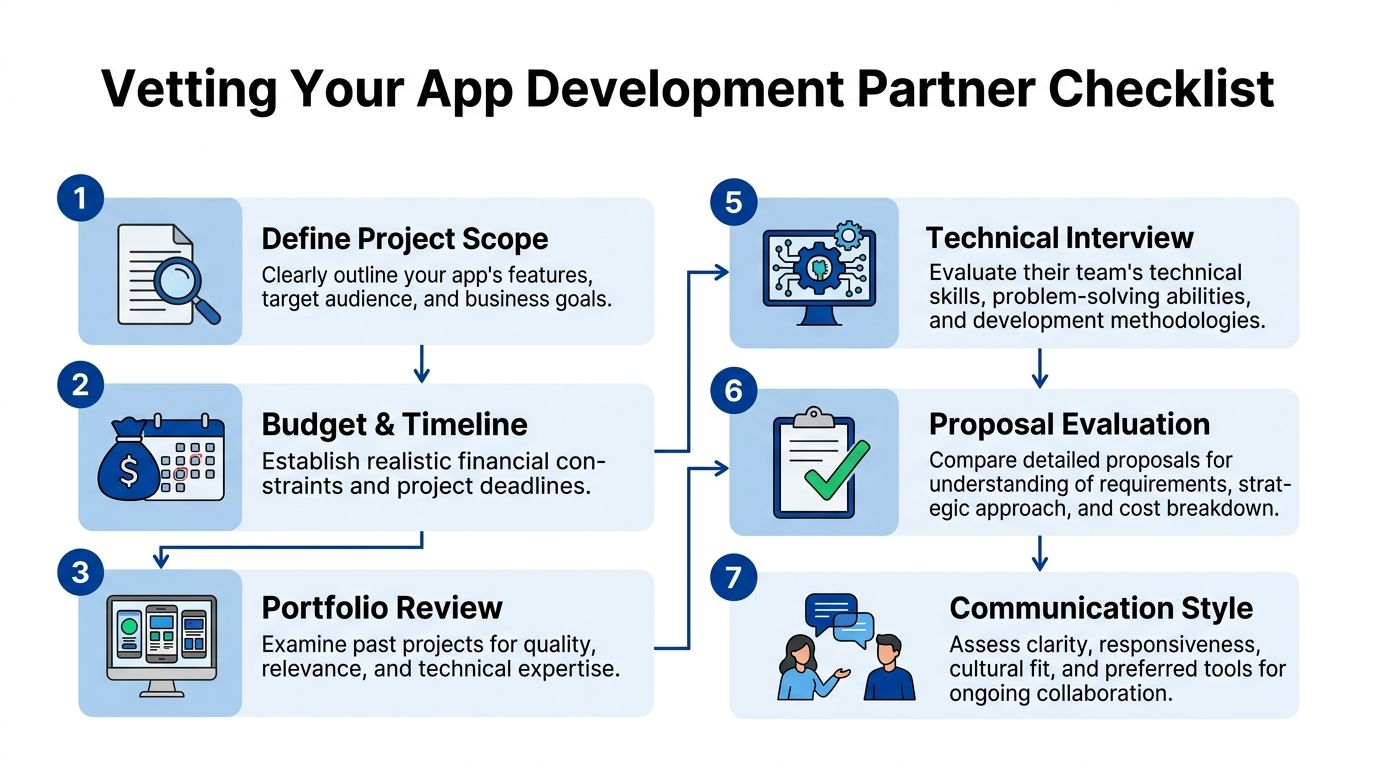 A checklist infographic illustrating seven steps to vet and select a professional mobile app development partner.