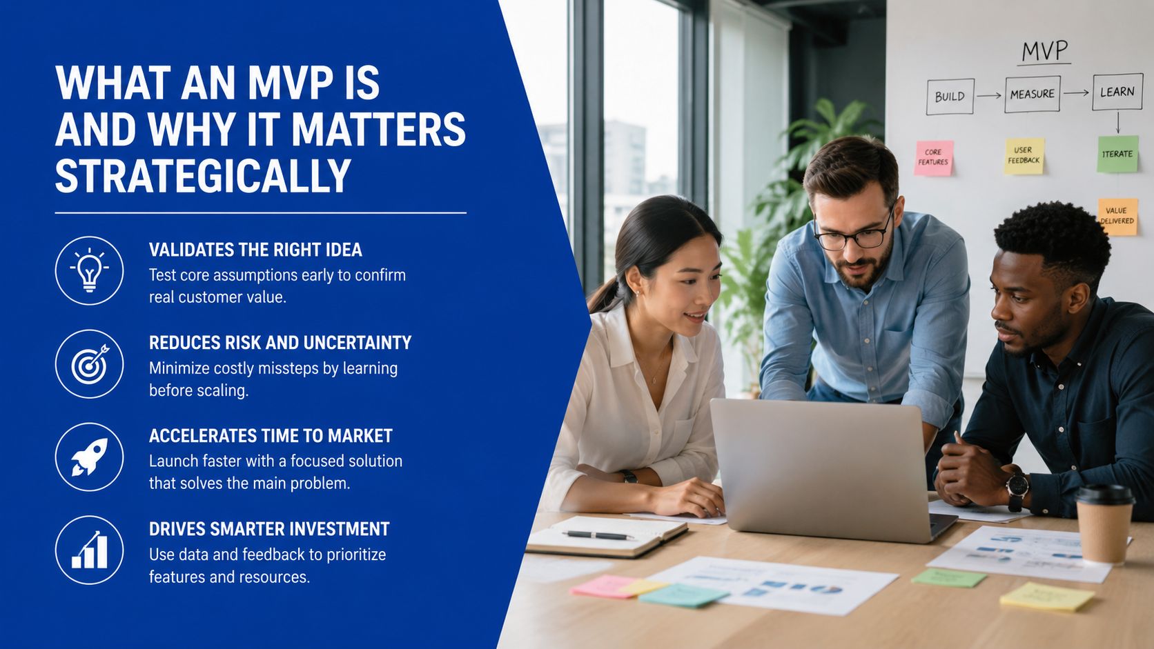 A professional team collaborating on an MVP project to validate ideas and improve business product strategy.