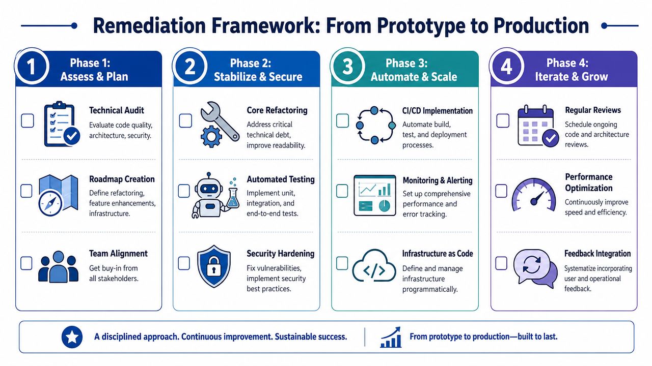 A four-phase framework illustrating the step-by-step process of transitioning software from prototype to a production-ready state.