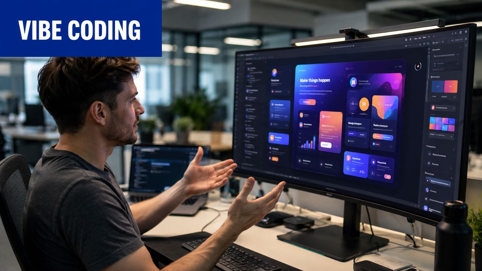 A professional developer sitting at a desk with a large monitor displaying a complex software dashboard interface.