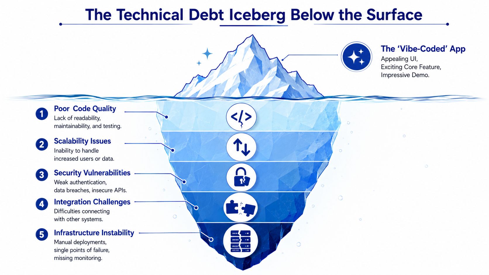 An illustration of an iceberg representing technical debt hidden beneath a vibe-coded application's appealing surface.