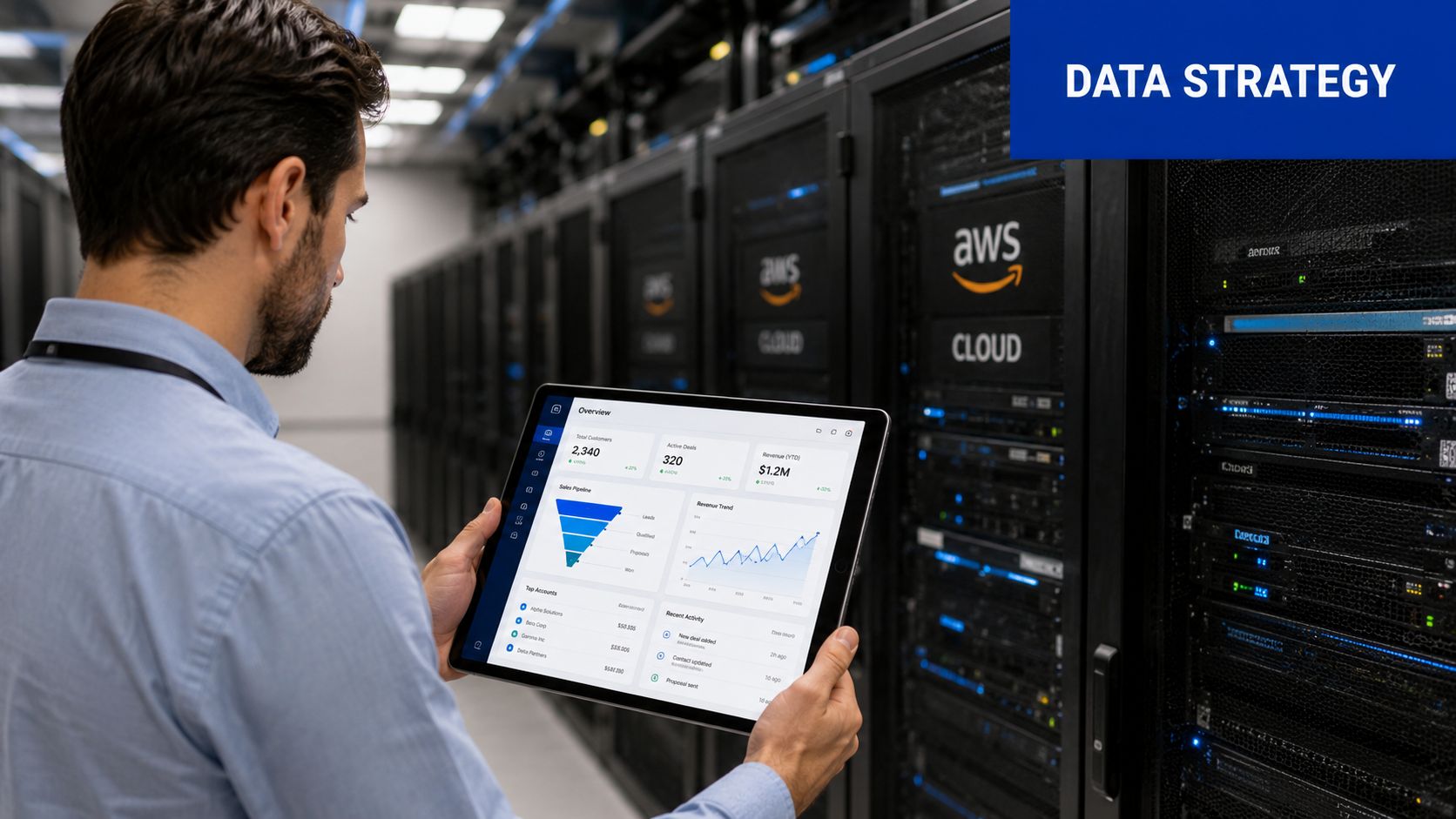 A technician holds a tablet showing sales data analytics in a modern data center with AWS servers.