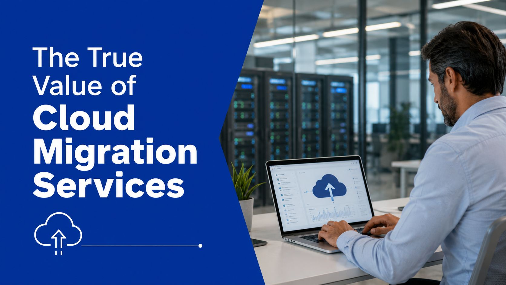 A professional man sitting in a modern data center office working on a cloud migration project.