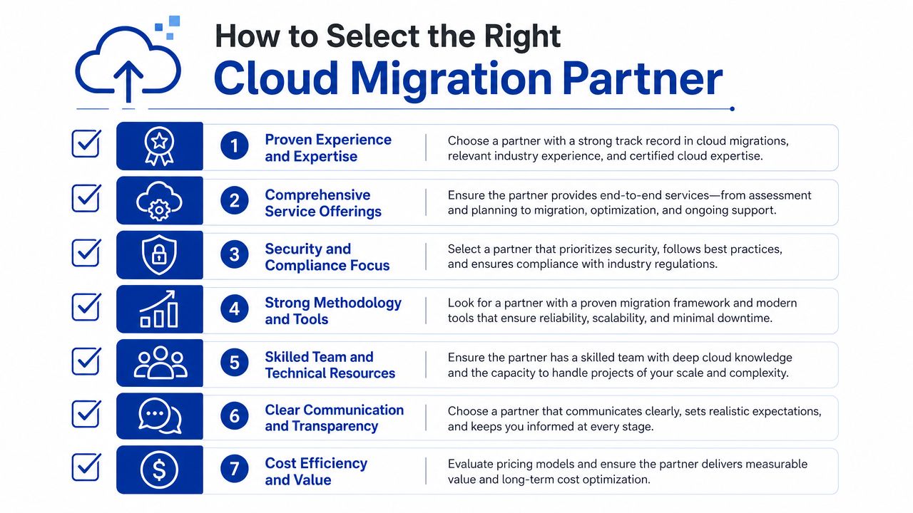 A checklist infographic outlining seven key criteria for selecting an effective cloud migration partner for your business.