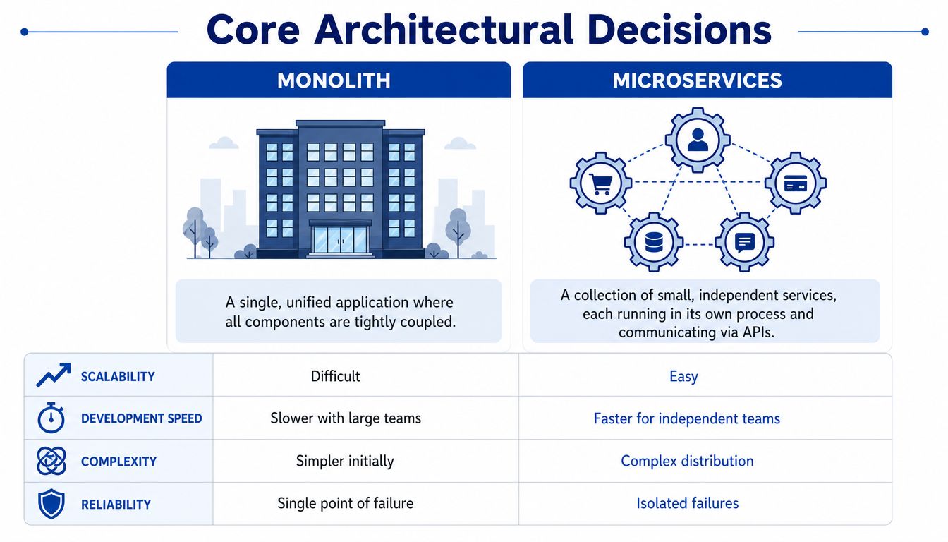 A comparison chart showing the differences between monolith and microservices architectures in enterprise application development.