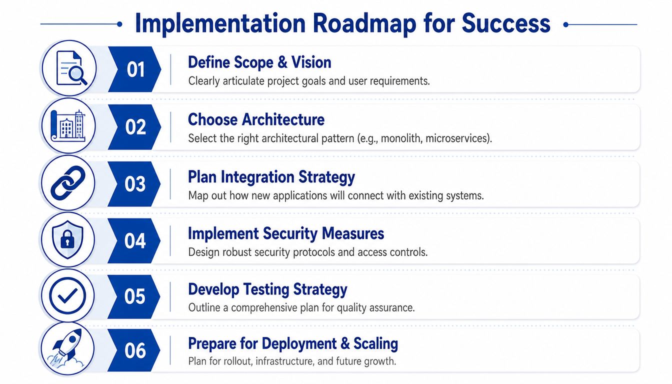 A six-step implementation roadmap for enterprise application development, featuring icons and descriptive text for each phase.