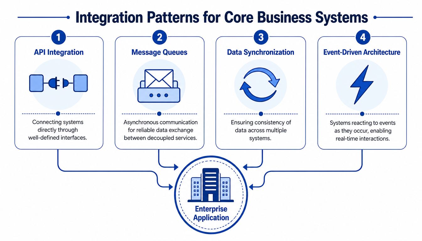 A diagram outlining four core integration patterns for connecting systems within an enterprise application architecture.