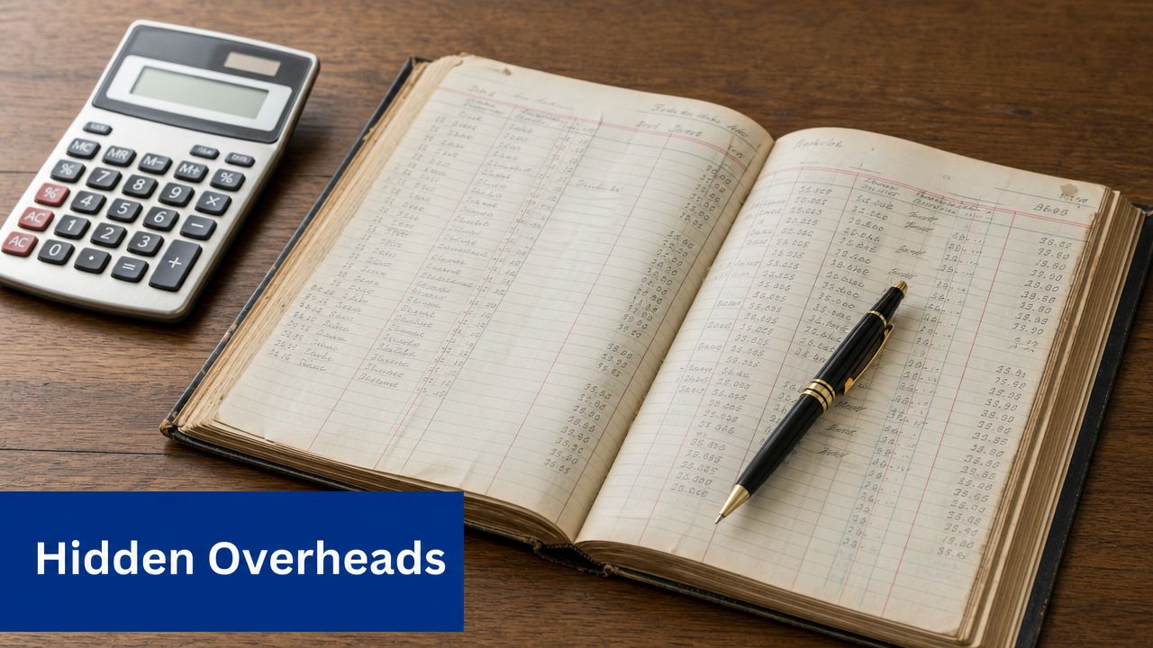 A calculator and a pen placed on an open ledger book with handwritten financial accounting entries.