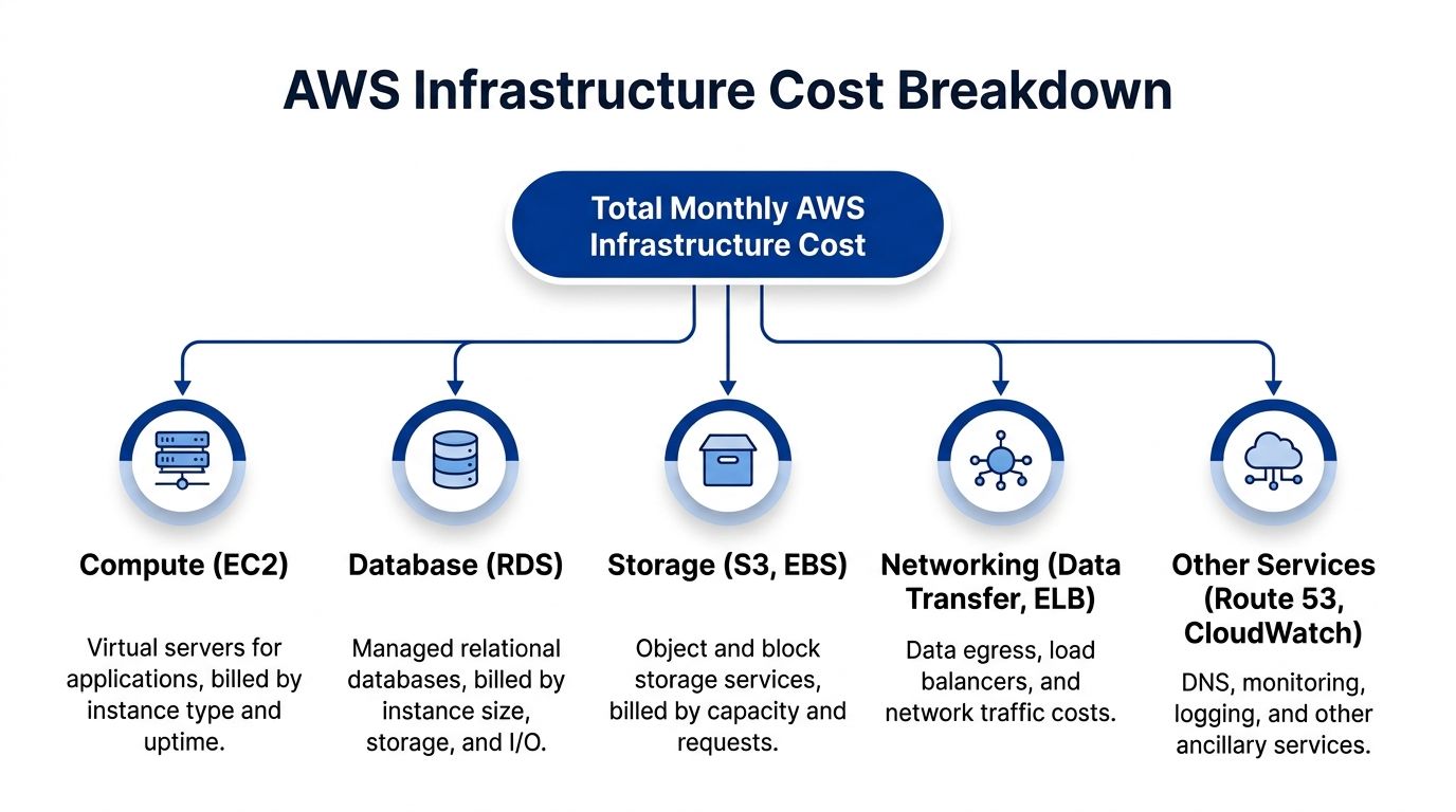 A diagram illustrating the main components that contribute to the total monthly AWS infrastructure costs for businesses.