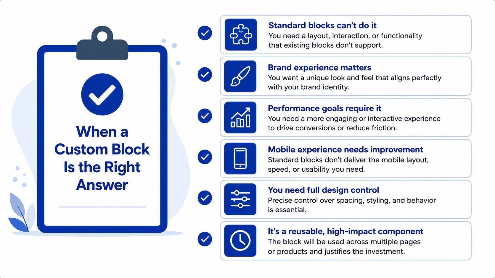 An infographic checklist explaining when to choose a custom block for your website design and development projects.