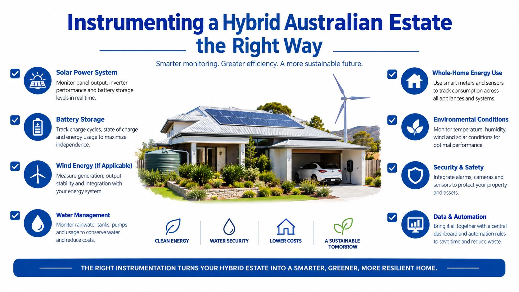 A diagram illustrating the benefits and systems for instrumenting a sustainable hybrid Australian residential estate.