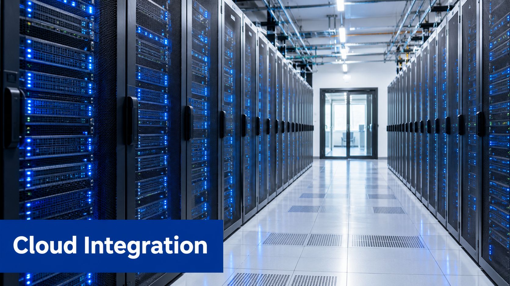 A modern data center featuring long rows of server racks with blinking blue status lights.