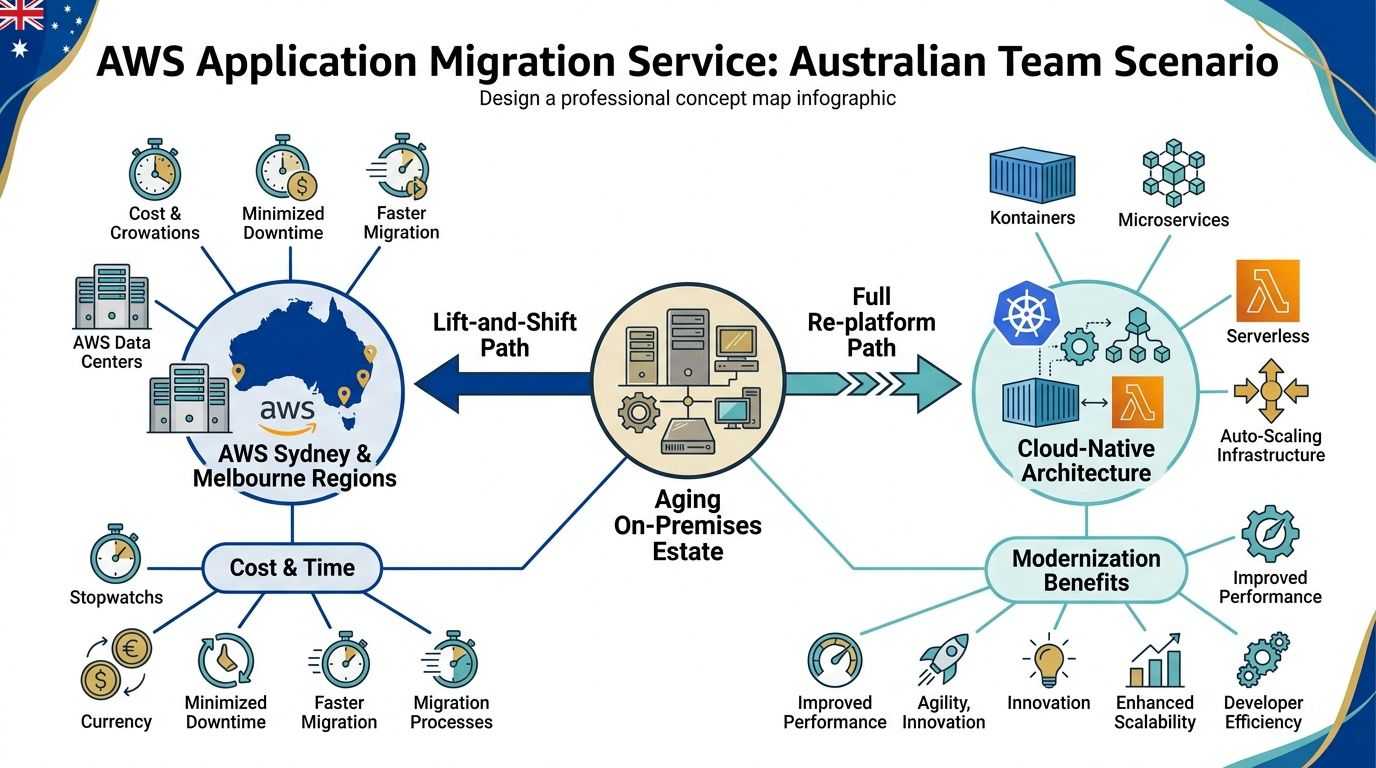 A professional infographic illustrating the AWS application migration service pathways for aging on-premises infrastructure in Australia.