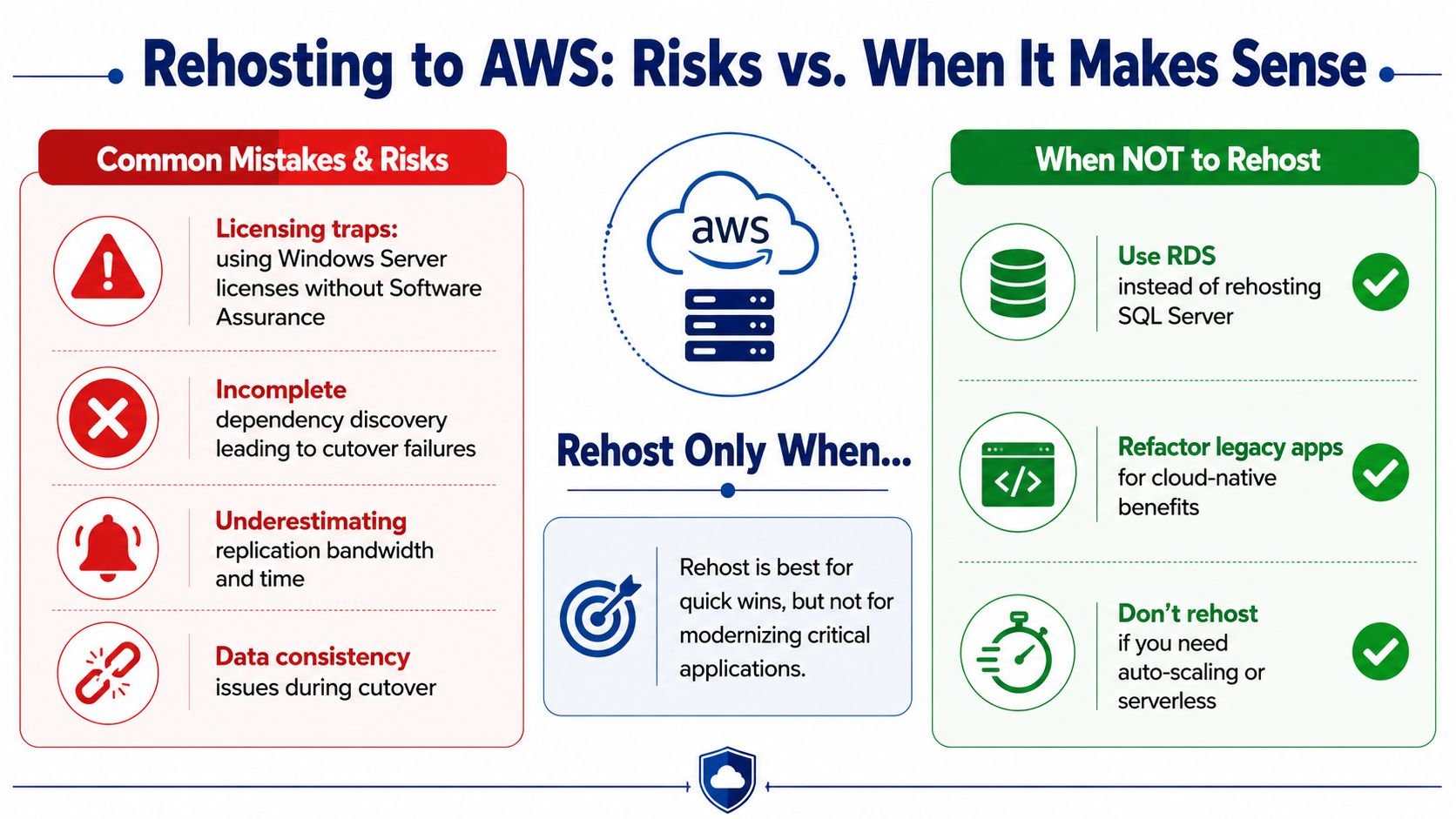 An infographic detailing common risks, mistakes, and guidelines for rehosting applications to AWS cloud infrastructure.