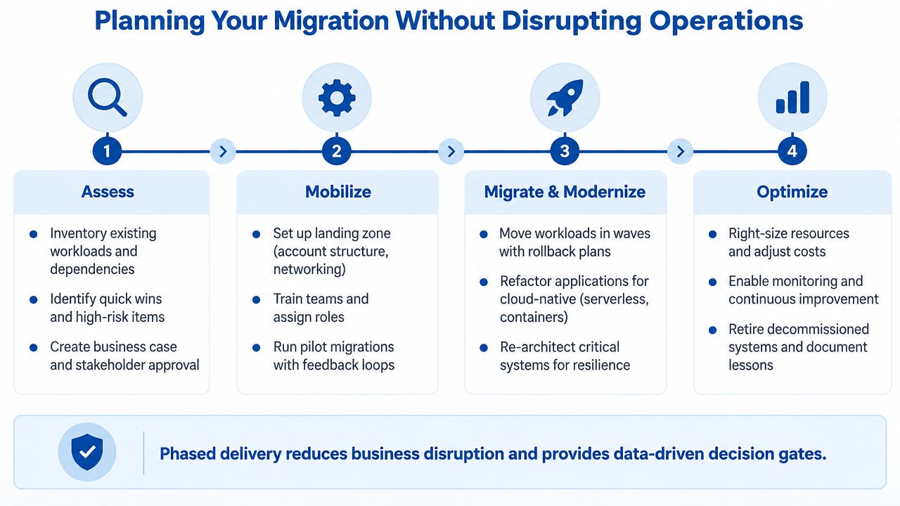 A four-step roadmap illustrating how to plan a cloud migration without disrupting business operations.