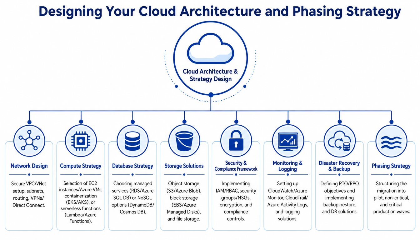 A diagram illustrating the key components of a cloud architecture design and migration phasing strategy.