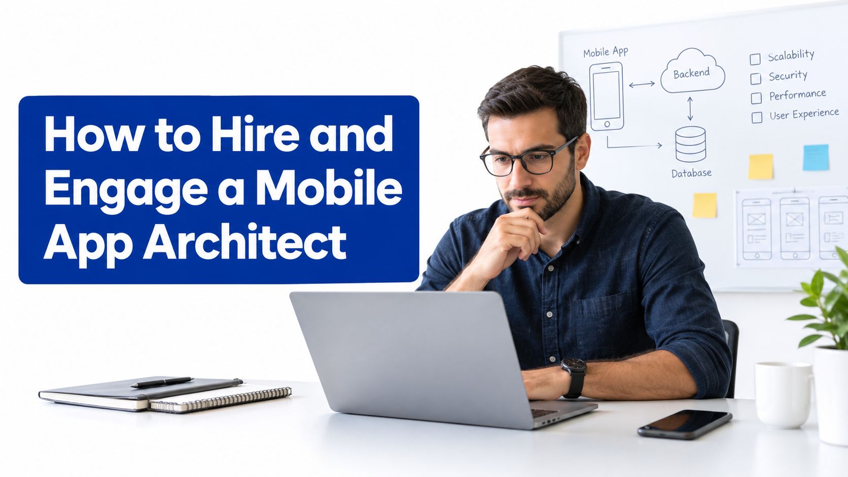 A professional man with glasses working on a laptop in front of an architectural mobile app diagram.