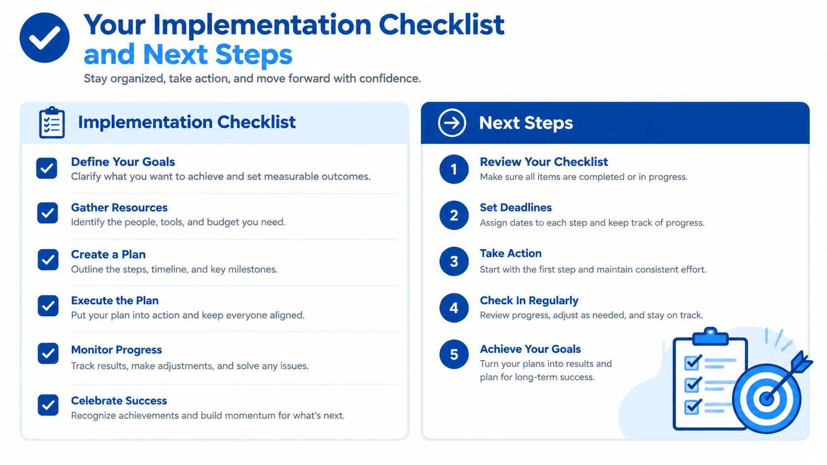 A structured implementation checklist and next steps guide to help organizations achieve their goals and projects successfully.
