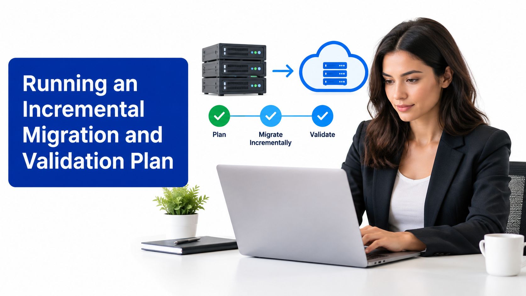 A professional woman working on a laptop with an infographic illustrating an incremental migration and validation process.