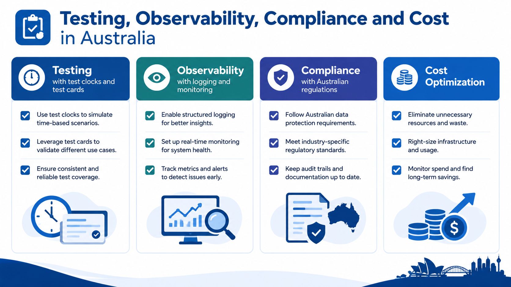 An infographic detailing testing, observability, compliance, and cost optimization strategies for developers in Australia.