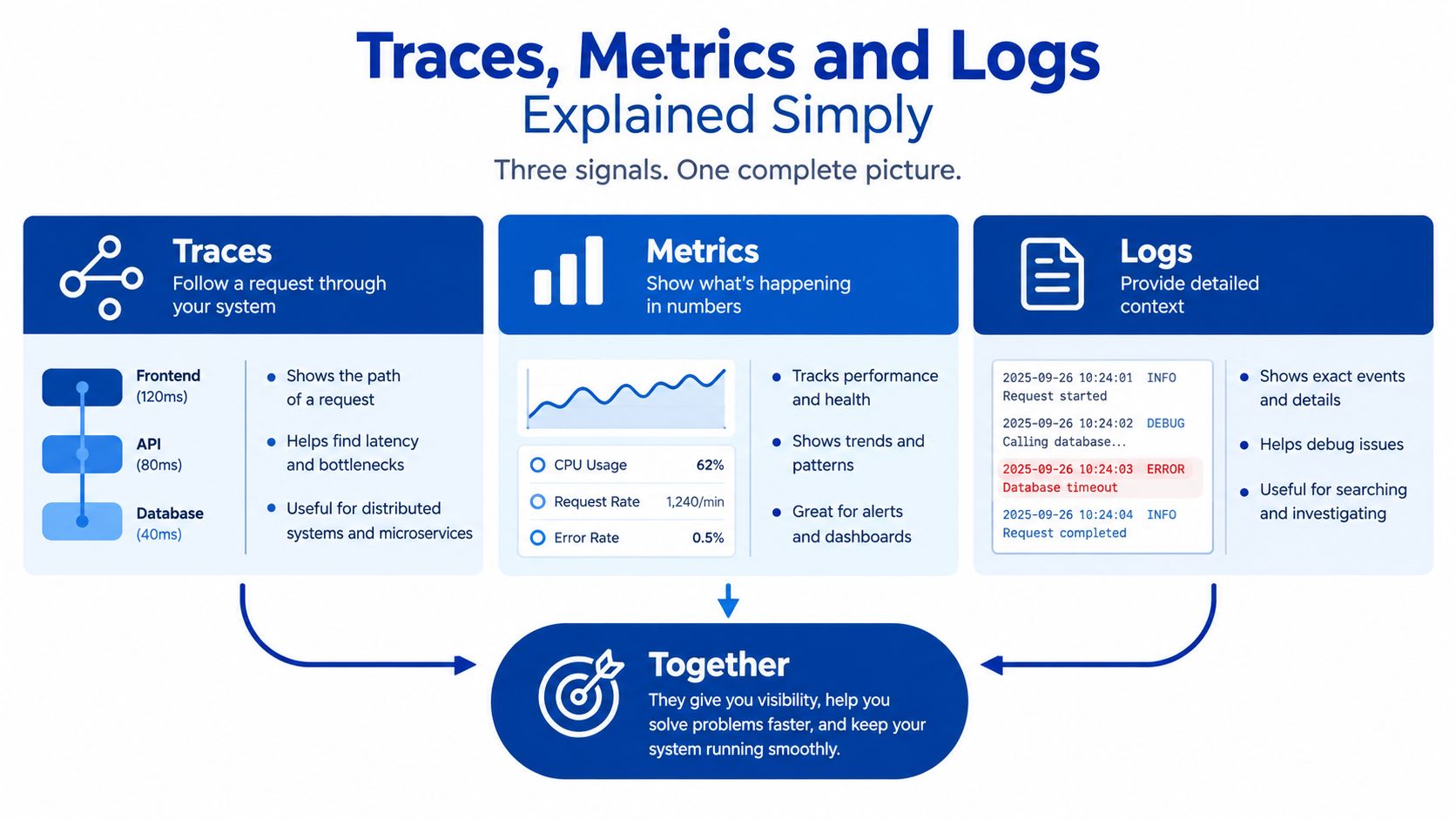 An infographic explaining how system traces, metrics, and logs provide visibility for software performance and debugging.