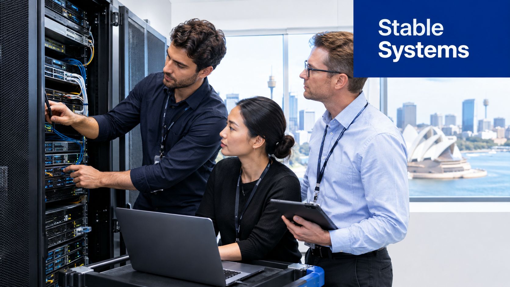 Three professional IT specialists working together on server equipment in a high-tech data center office.