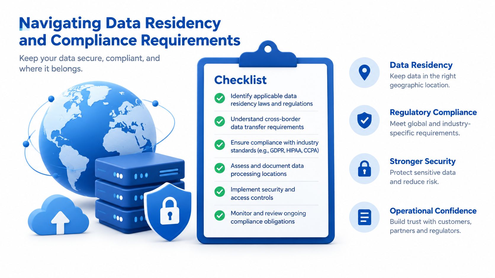 A checklist infographic illustrating key steps for managing data residency and global regulatory compliance requirements effectively.