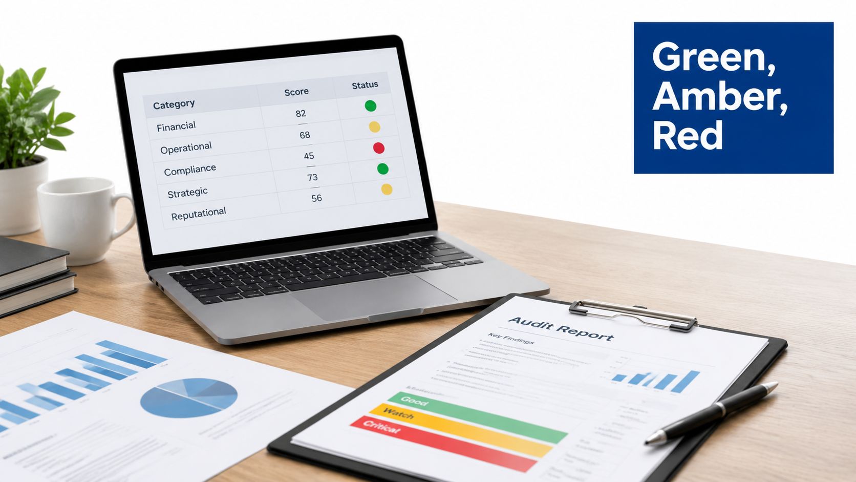 A laptop and an audit report on a desk showing risk assessment metrics and performance status indicators.