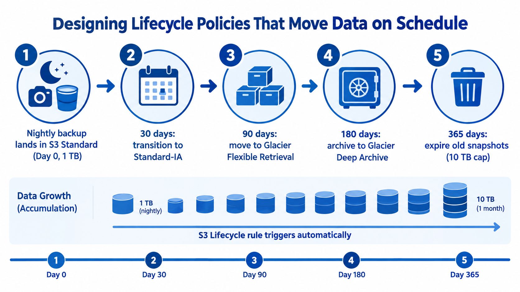 A diagram illustrating an AWS S3 lifecycle policy schedule for managing data backups and storage costs.