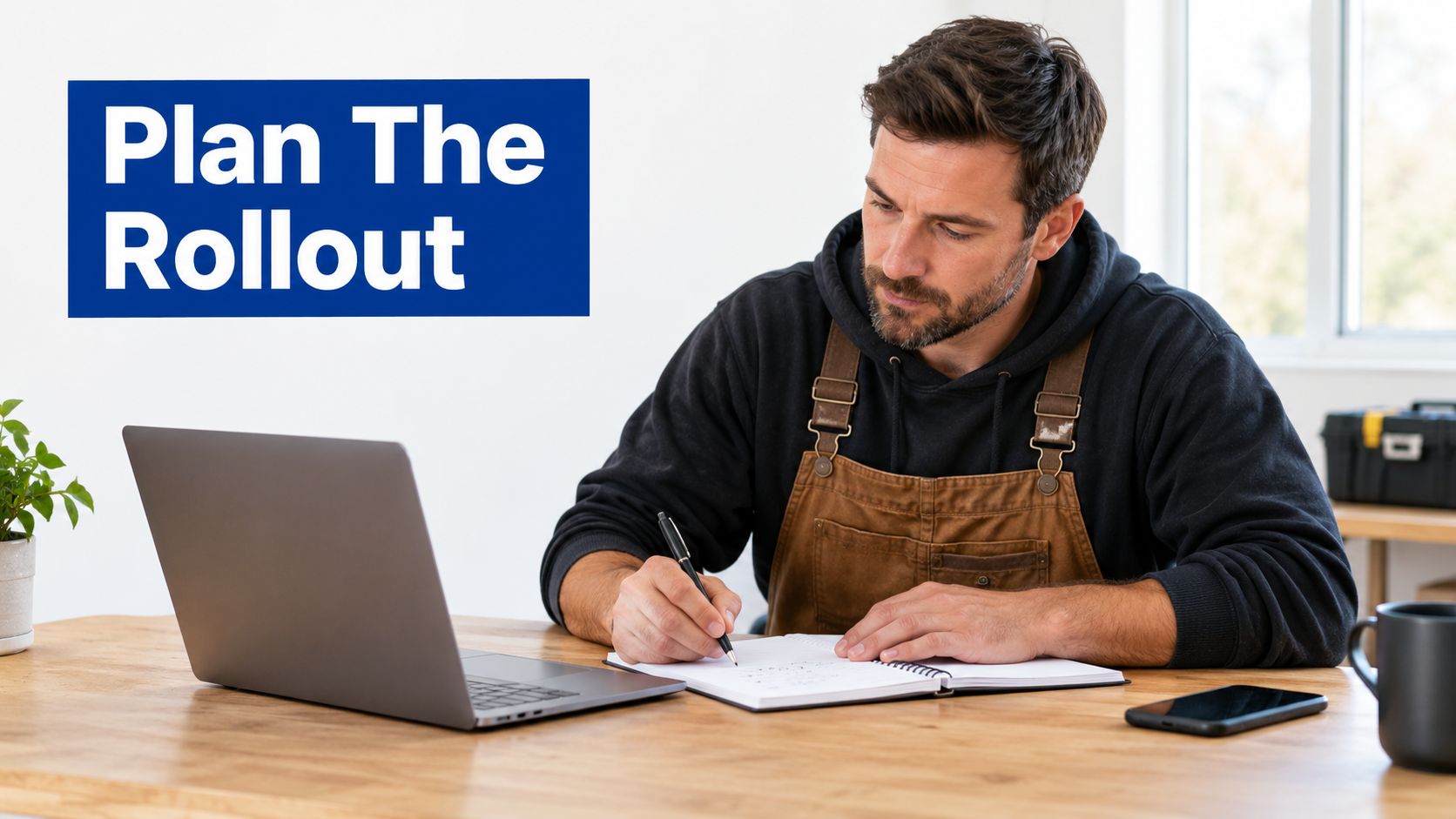 A professional man in work attire planning a business rollout while using a laptop and notepad.