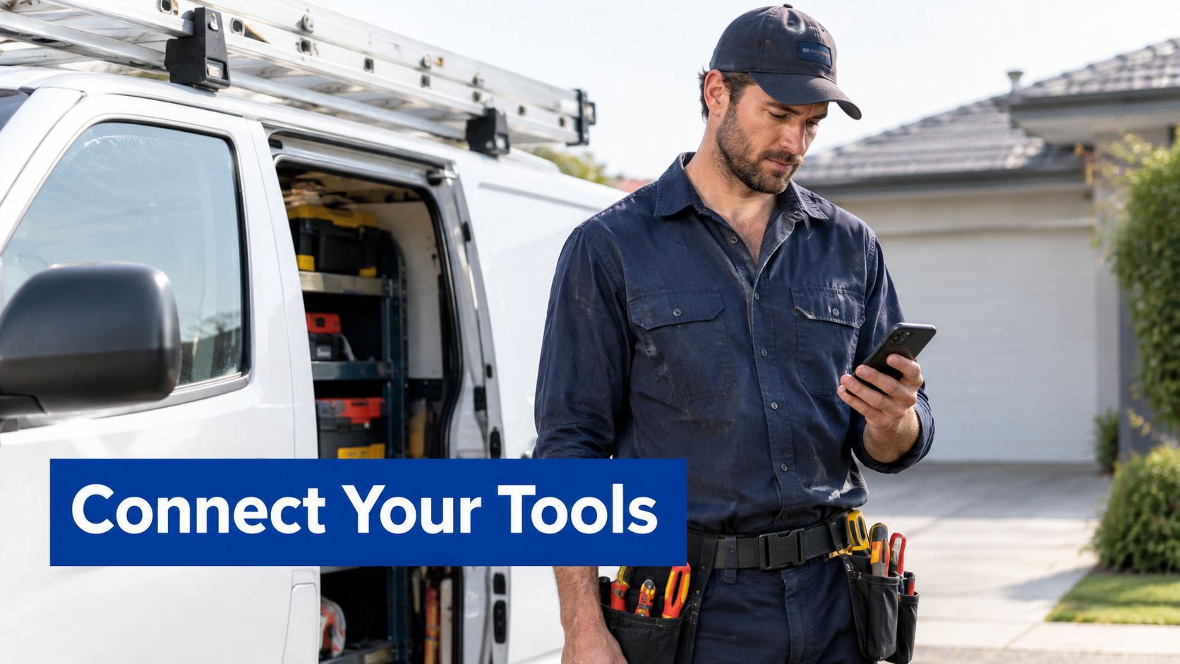 A professional service technician using a smartphone while standing next to his work van with tools.