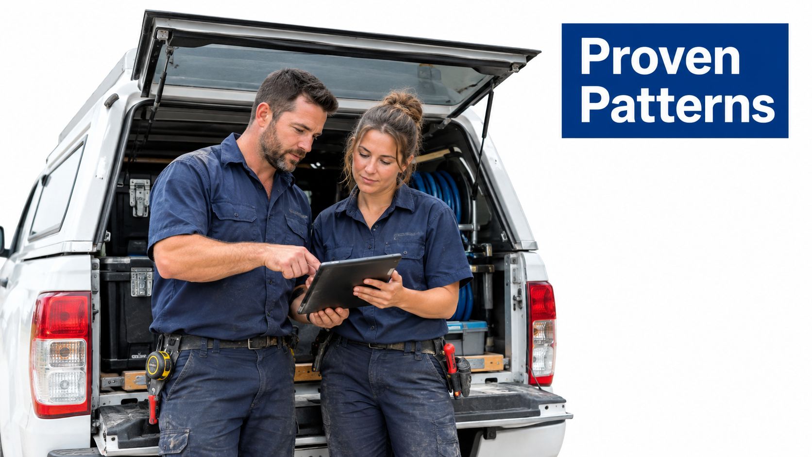 A male and female technician wearing uniforms standing in front of a service truck reviewing a digital tablet.