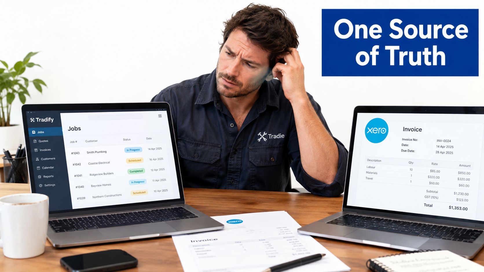A confused tradesman looking at two laptops displaying Tradify job management and Xero invoicing software.