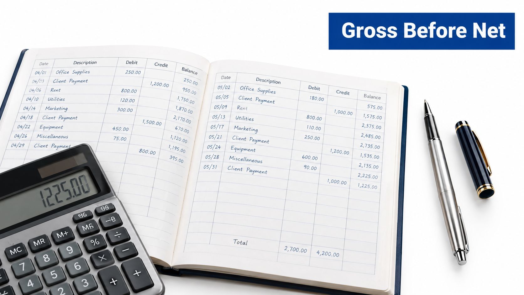 An open notebook with financial entries on a desk next to a calculator and a fountain pen.